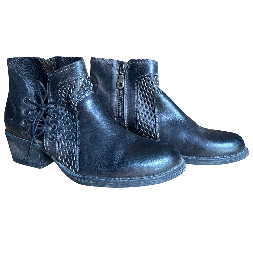 Roan by BedStu Antonia Side Tie Leather Black Distressed Ankle Boots Booties 6